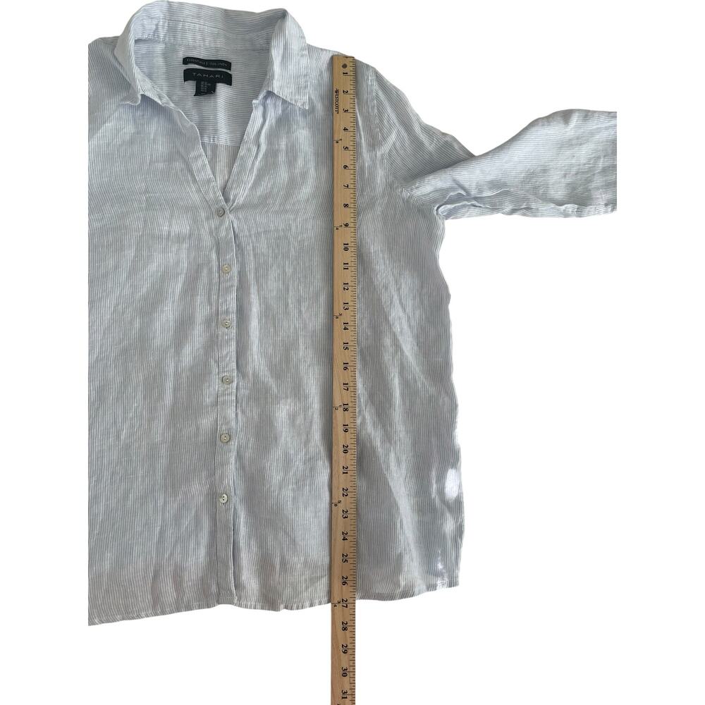 Tahari 100% Linen Blue and White Striped Long Sleeve Button Down Shirt XL - Picture 5 of 6